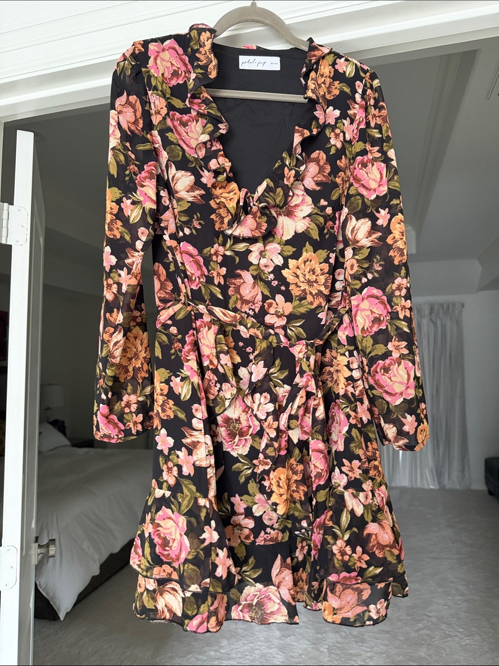 Petal & Pup Floral Ruffle Dress in Black with Pink & Peach Blooms Medium